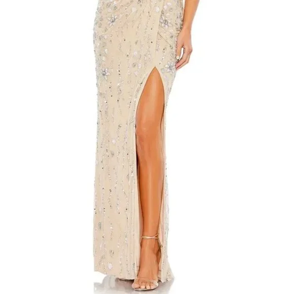 Mac Duggal Nude Sequin Beaded One-Shoulder Side Slit Gown